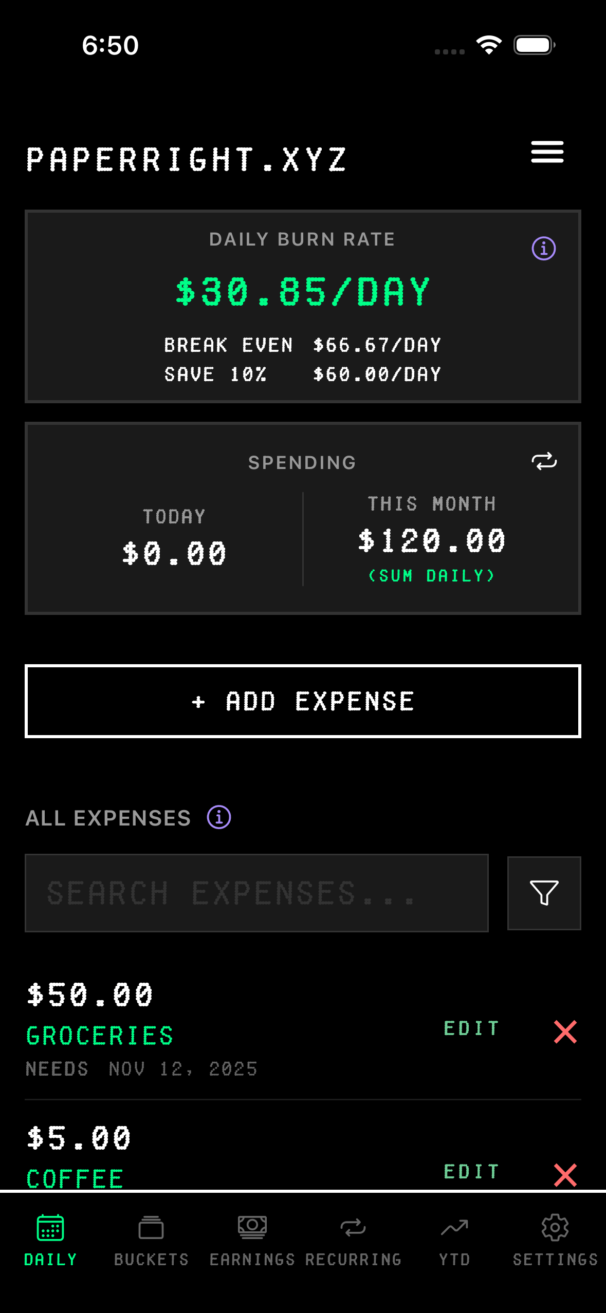 Daily burn rate display