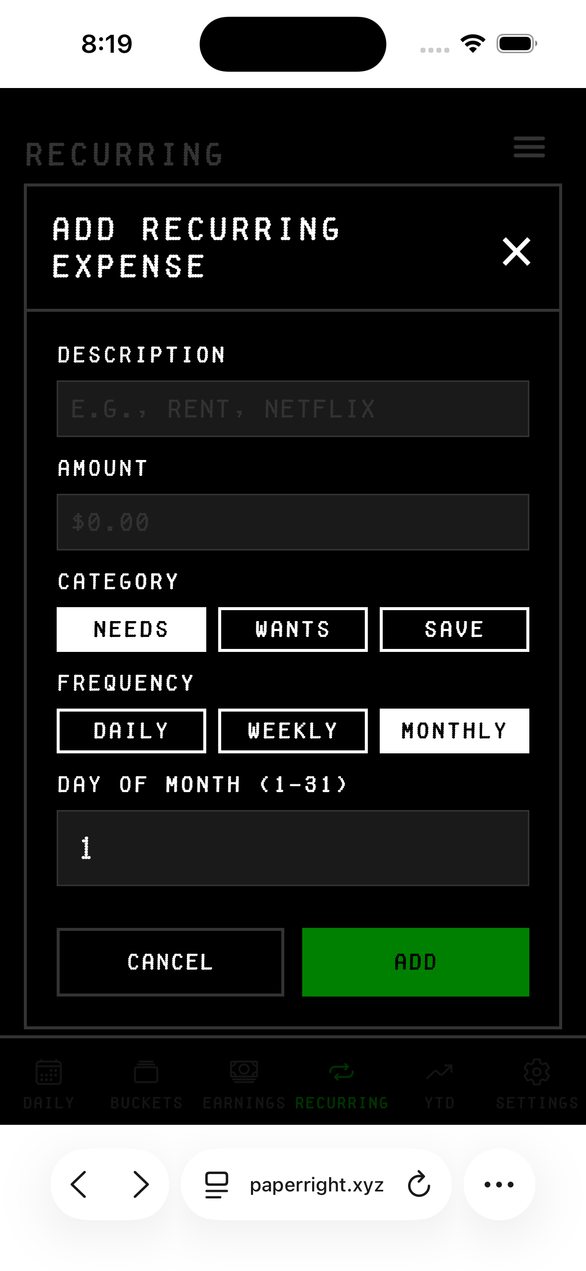 Adding a recurring expense